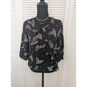 Gitti Chiffon Blouse Women's Sz S (See Meas.) Black White Leaf Artsy Ruffle NWT
